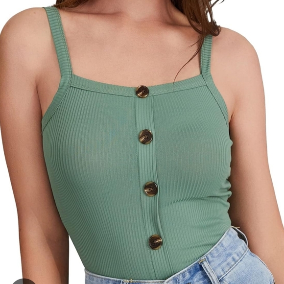 SHEIN Tops - Sage Green Ribbed Faux Button Tank Top XS Minimalist Shein